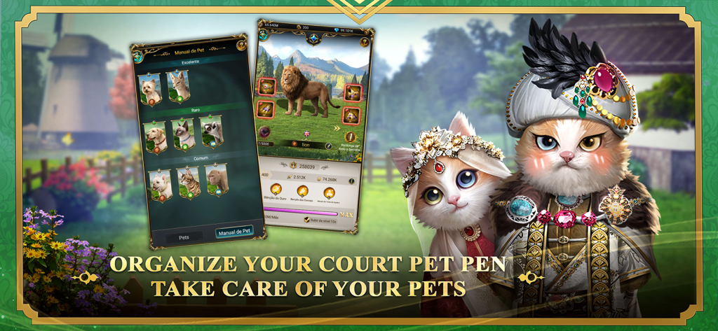 Game of Sultans - Two cats in royal Ottoman attire next to pet inventory and lion management screens in Game of Sultans
