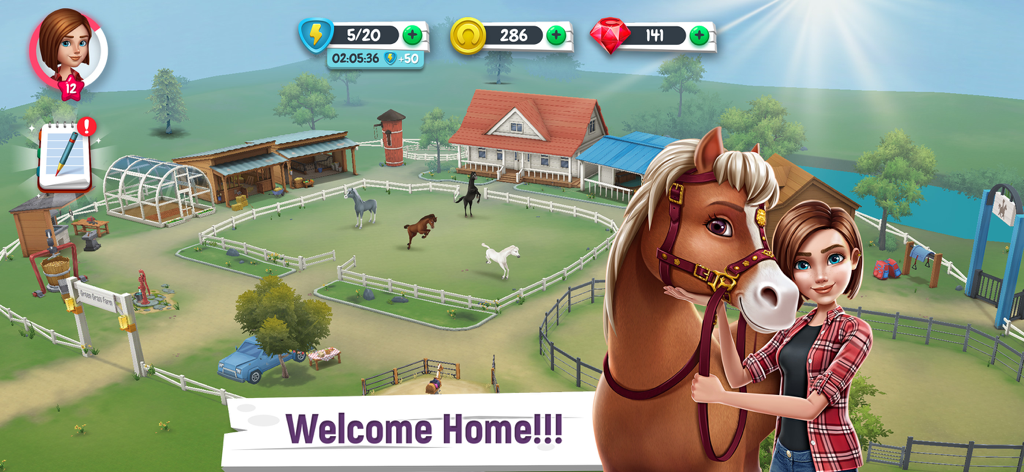 My Horse Stories - ゲーム「マイホースストーリー」で、キャラクターが農場で馬を抱きしめている