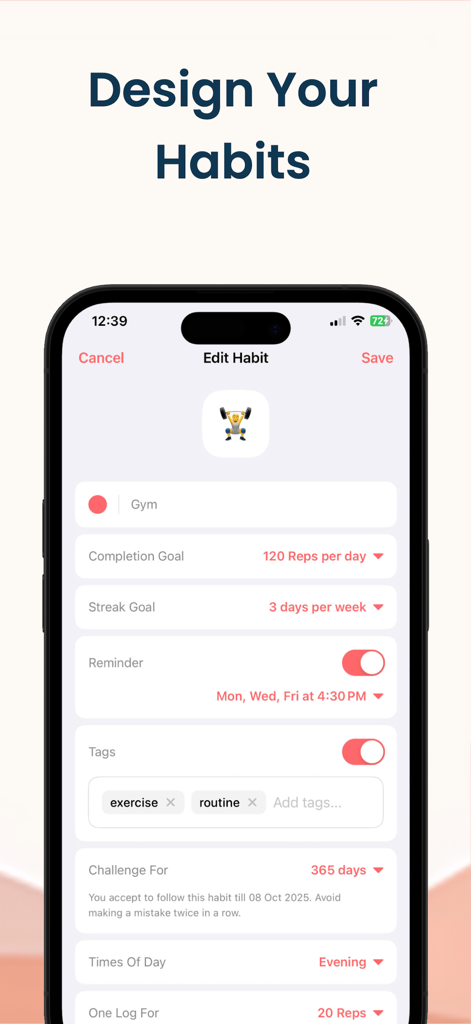 Habit Tracker - HabitPal - Interface of HabitPal app showing the Edit Habit screen with customizable goals, reminders, and tags for a gym routine.