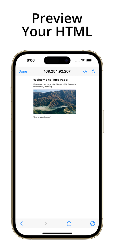 Simple Server: HTTP Server - iPhone affichant une page de test HTML locale hébergée par l'application Simple Server