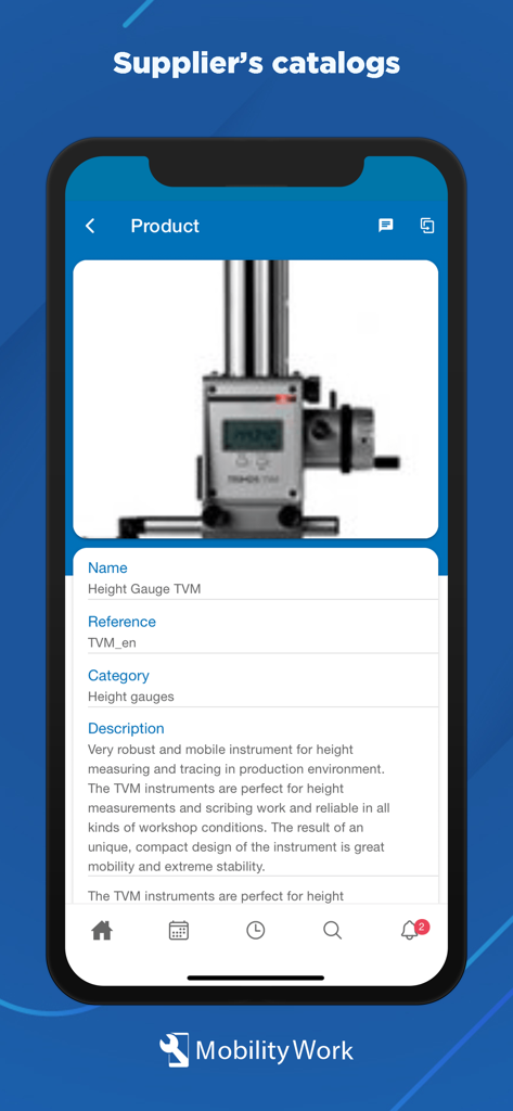 Mobility Work - L'application Mobility Work affichant la page produit d'un catalogue fournisseur pour un instrument de mesure de hauteur industriel.