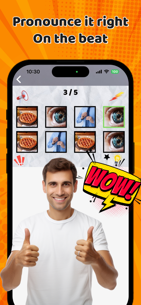 Say The Word On Beat – Game - Say The Word On Beat mobile game screen showing a rhythm challenge with images of a pie eye and tie and a man giving a thumbs up