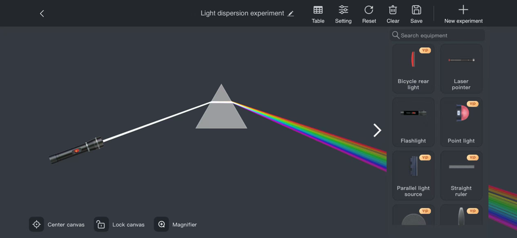 NOBOOK Lab - A virtual science experiment in NOBOOK Lab showing white light passing through a prism and dispersing into a rainbow spectrum