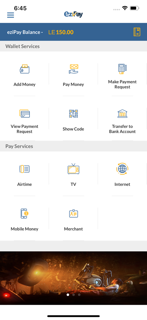 Startbildschirm der Ezipay SL Mobile App mit Diensten für Geldbörse und Rechnungszahlung