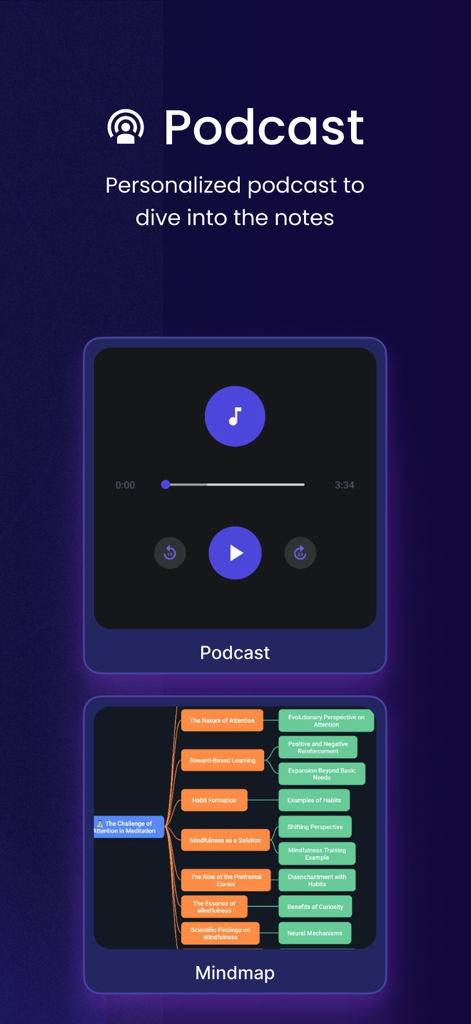 Aplicación de estudio ThetaWave AI mostrando un reproductor de podcasts personalizado y un mapa mental visual para el aprendizaje