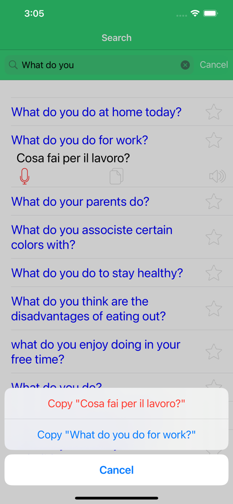 Learn Italian Phrases Premium - Search screen in an Italian phrasebook app with English and Italian translations and a copy menu.