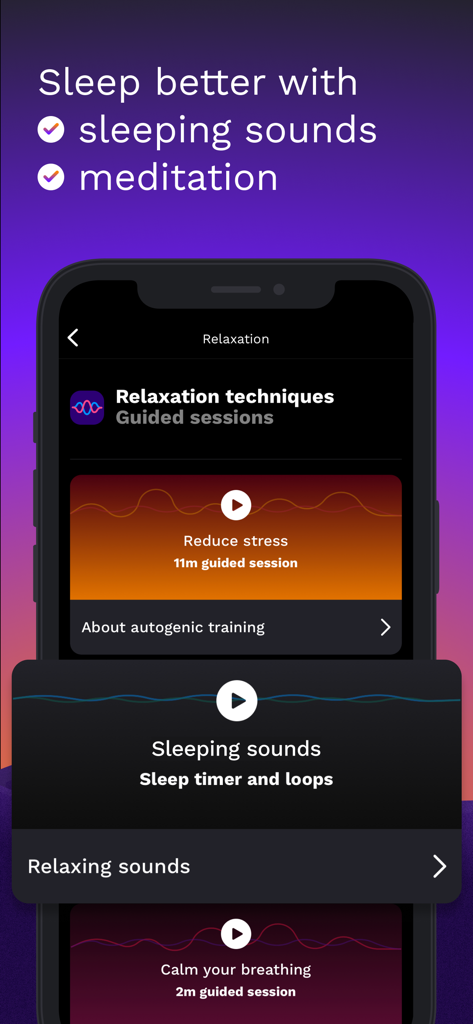Interface of the RISE Sleep Tracker app showing guided relaxation sessions and sleeping sounds