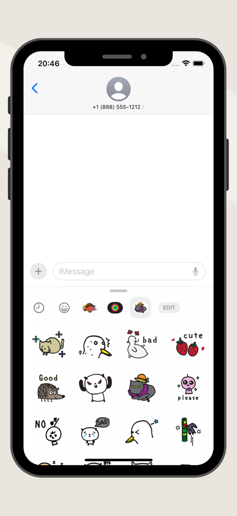 Uma coleção de adesivos de animais fofos e engraçados exibidos em uma interface de mensagens do iPhone.
