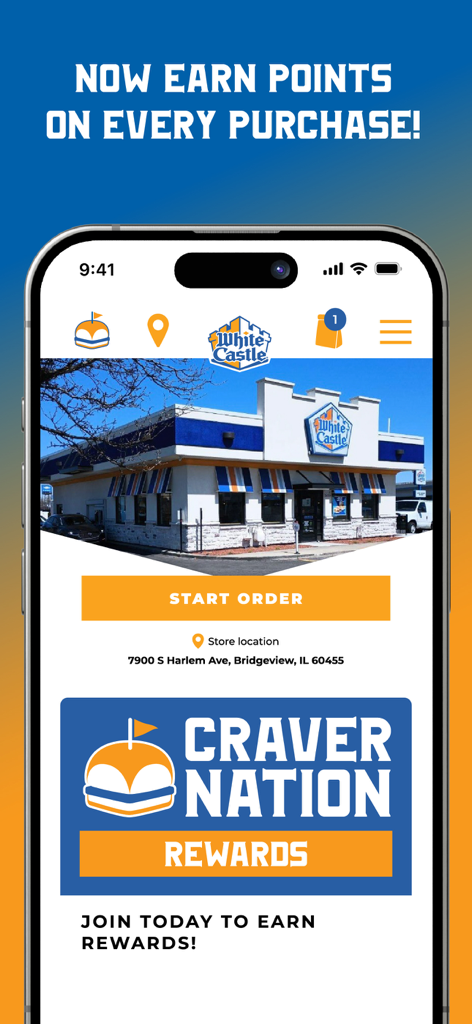 Startbildschirm der White Castle Mobile App mit Craver Nation-Prämien und einer Schaltfläche zum Starten der Bestellung