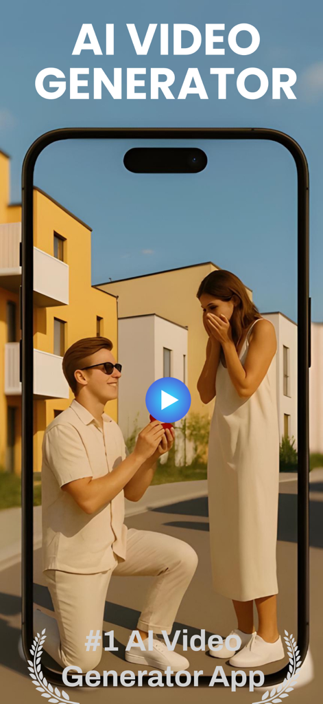 AI Video Maker · Generator - A smartphone screen showing an AI-generated video of a man proposing to a woman on an app called Vidora.