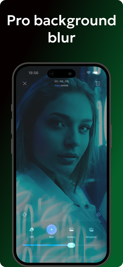 Interfaz de la aplicación de grabación de video Teleprompter Automático con función profesional de desenfoque de fondo.
