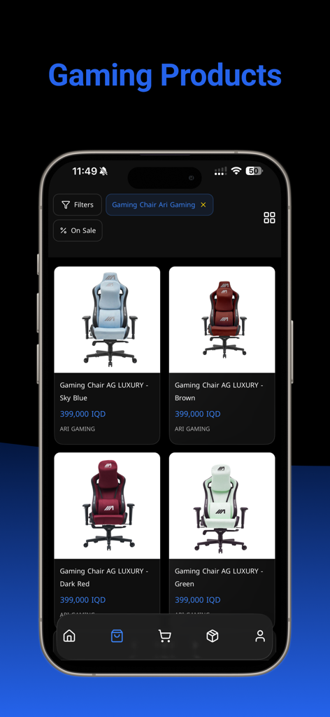 Mobile app screen displaying various luxury gaming chairs with price details and filter options