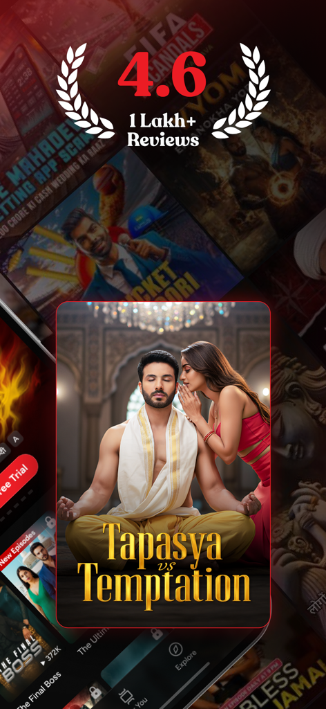 Kuku TV app interface showing a 4.6 rating and the poster for Tapasya vs Temptation