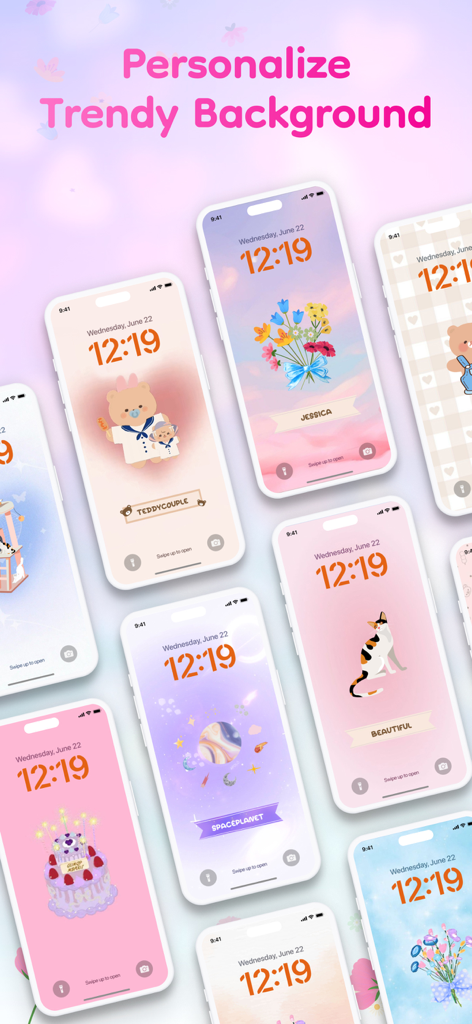 花、猫、宇宙をテーマにしたパーソナライズされたトレンドの背景を表示する複数のiPhone画面