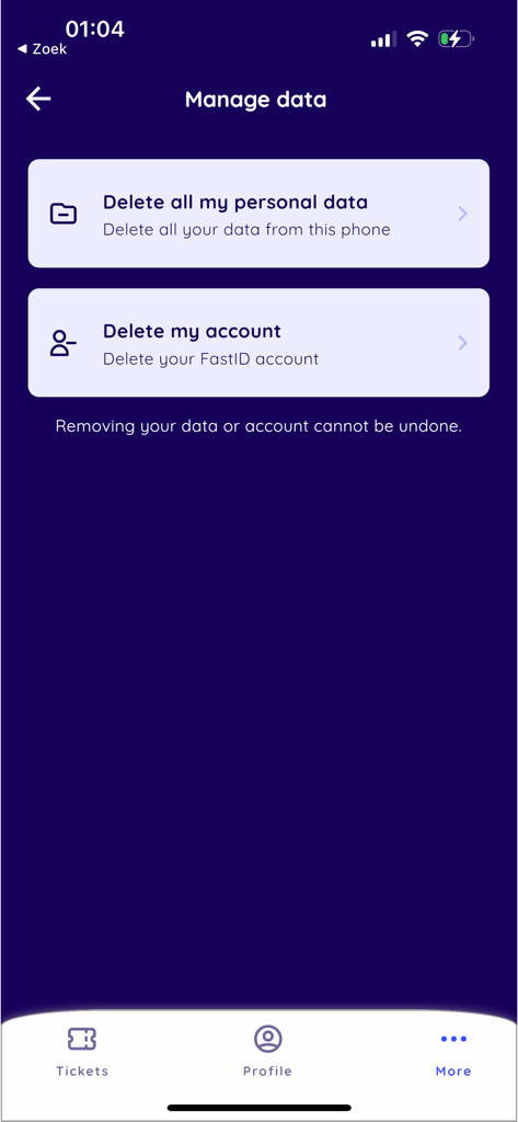 FastID - Screenshot of the FastID app Manage data interface showing options to delete all personal data from the phone or delete the FastID account.
