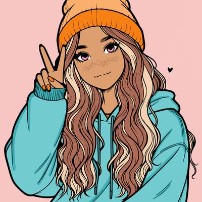 a teenage girl in a beanie, oversized sweatshirt, wavy long hair, and is showing a ✌️