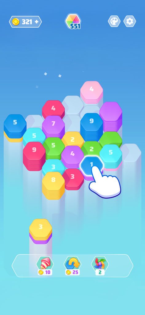 A hand icon selecting a blue stack of numbered hexagonal tiles in a colorful sorting puzzle game.