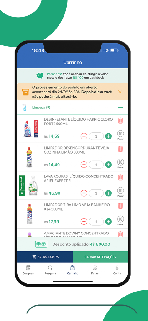 Digital shopping cart interface of the Shopper app showing household cleaning products and checkout options