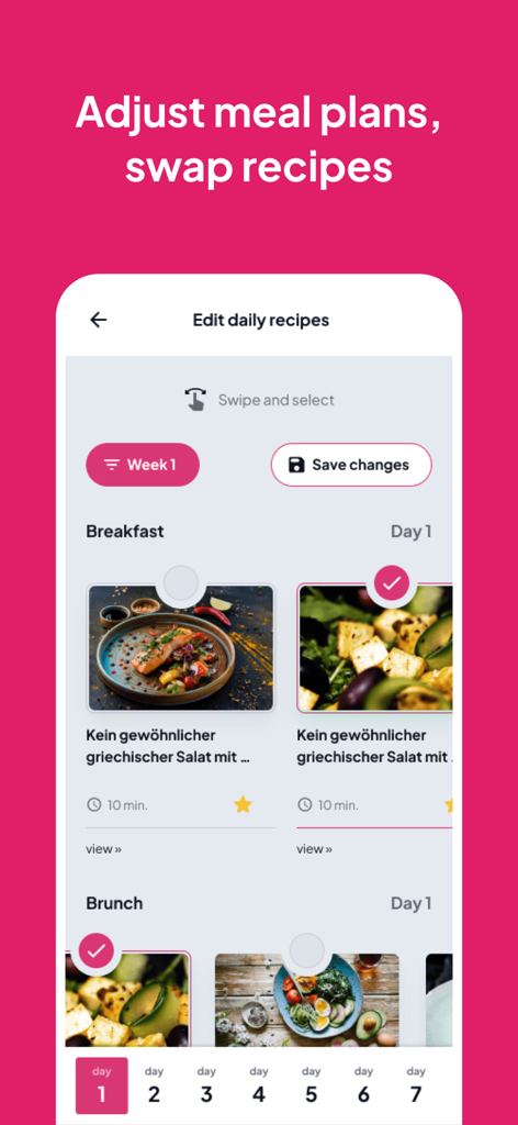 xForFit App-Bildschirm zum Anpassen von Ernährungsplänen und Austauschen gesunder Rezepte