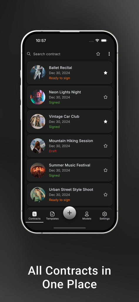 SnapSign app interface showing a list of model release contracts with different signing statuses like signed and ready to sign