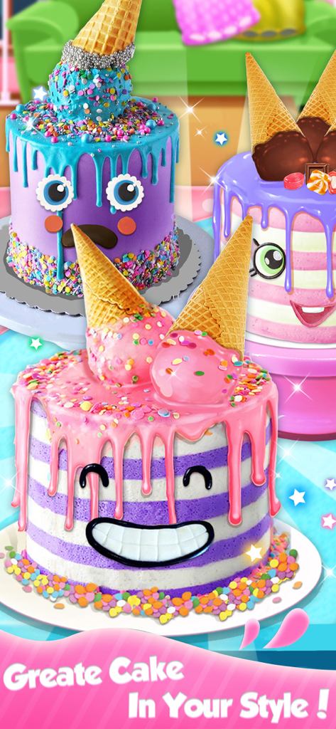 A variety of colorful cakes decorated with ice cream cones and cute faces
