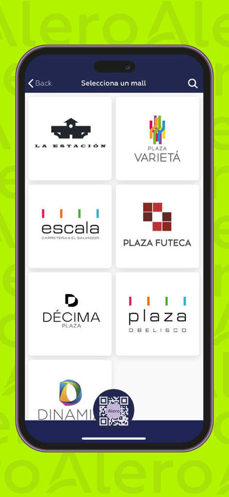 Interface de l'application Alero montrant une sélection de centres commerciaux et de places comme Plaza Futeca et Plaza Obelisco.