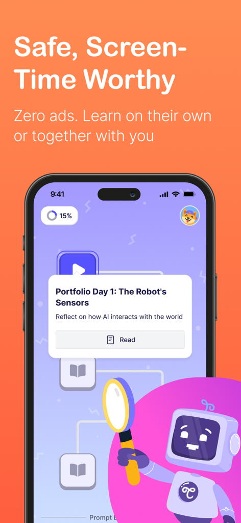 Coursiv Junior - Interface de l'application Coursiv Junior montrant une leçon éducative sur les capteurs de robots avec un personnage robot amical tenant une loupe.