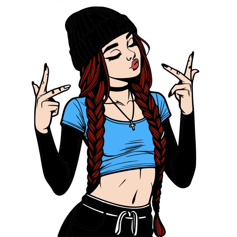 realistic teenage girl with braids and a beanie and crop top doing 🫶🏼