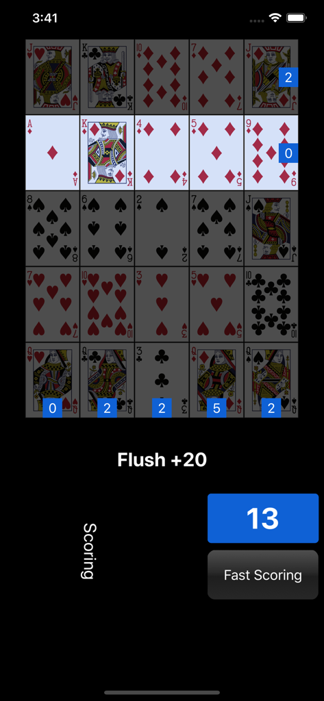 Poker Square - Solitaire - Interface de jeu Poker Square Solitaire montrant une grille de cartes 5x5 et un bonus de score de couleur.