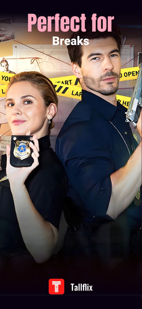 Tallflix: Short Dramas & Films - Two actors portraying detectives in a crime drama for the Tallflix app with text reading perfect for breaks