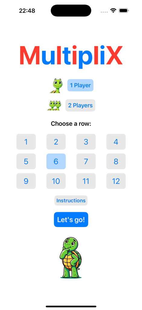 X-Math Clash - MultipliX math game start screen with player modes and number selection grid