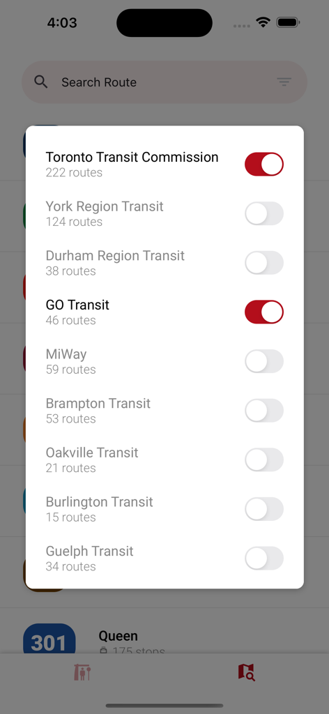 Toronto Transit (TTC, GTA, GO) - トロント交通アプリでルートをフィルタリングするためのトグルスイッチを持つGTA交通機関のリスト。