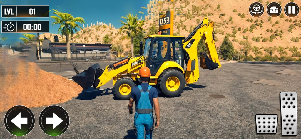 Road Construction Sim Games 3D - A construction worker standing in front of a yellow backhoe loader in a 3D simulation game environment