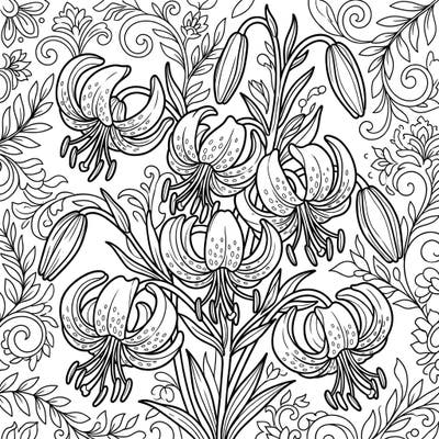 Immerse yourself in the delicate beauty of Martagon Lilies with this specially designed coloring page. Featuring bold lines and intricate details, it offers a calming and stimulating activity perfect for seniors.