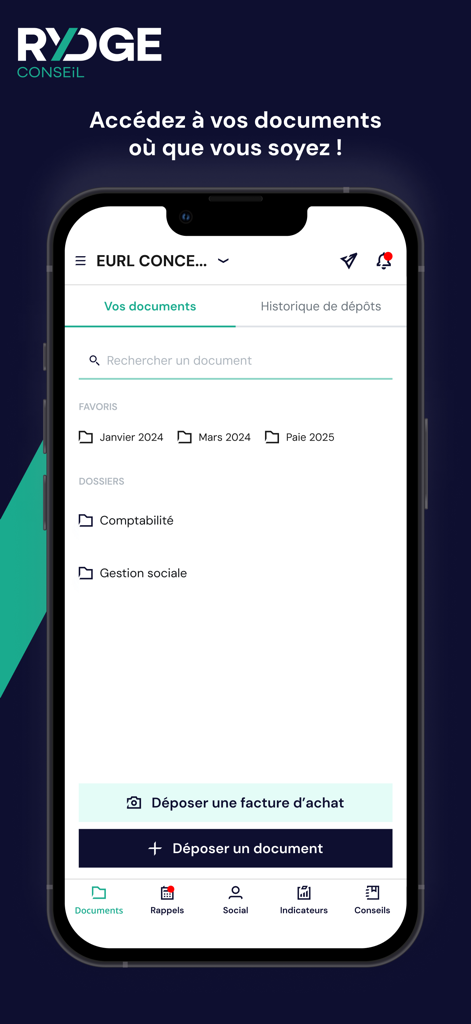 Rydge Conseil mobile app screen showing digital document organization and file upload for business accounting