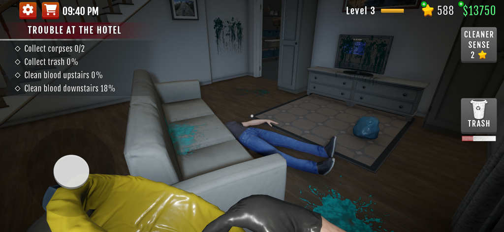 Crime Scene Cleaner: Mobile 3D - Gameplay from Crime Scene Cleaner Mobile 3D showing a living room with a corpse and stains to clean