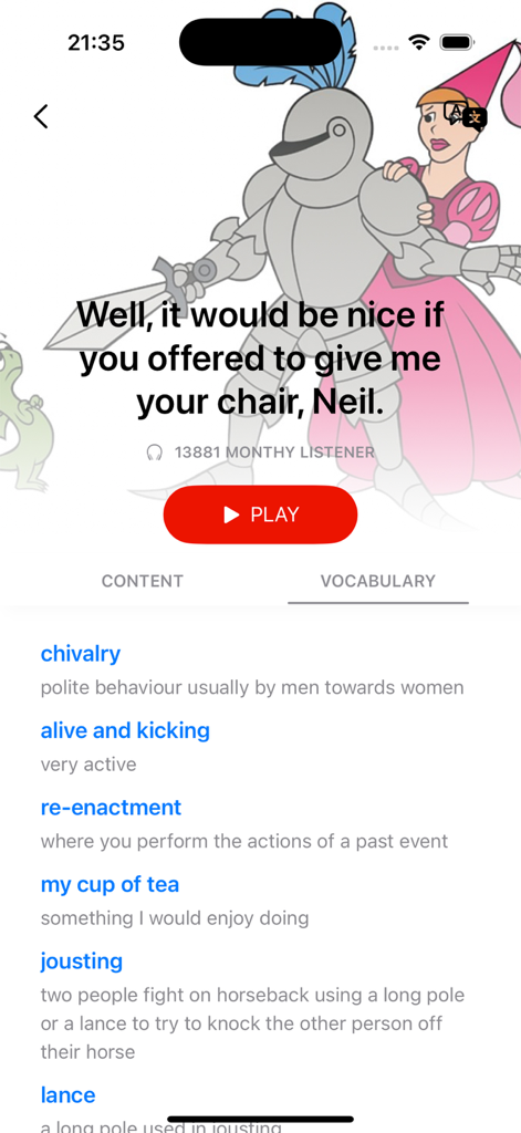 Learning English: Podcast - A vocabulary list screen in the Learning English Podcast app featuring definitions for words like chivalry and jousting.