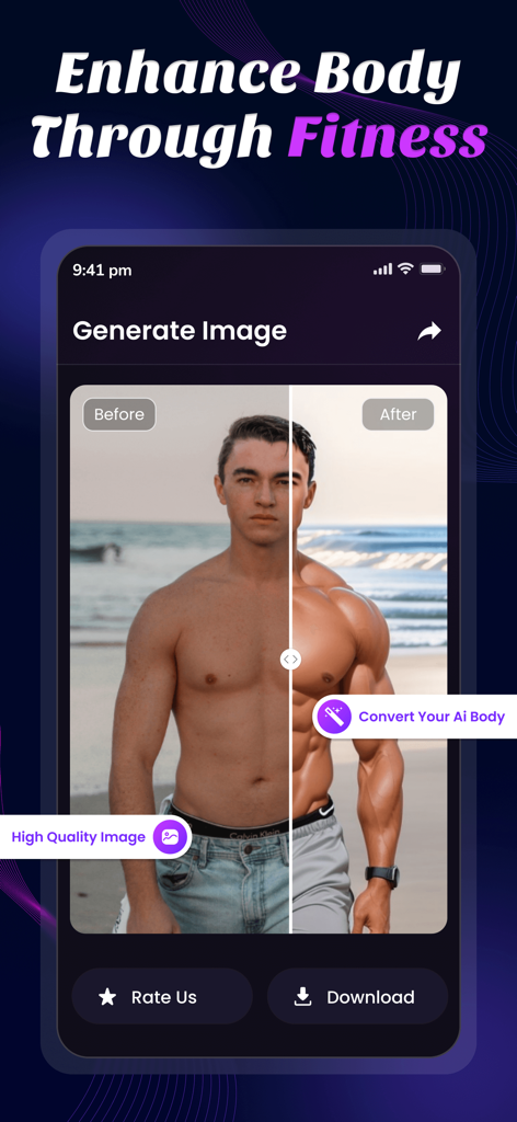 Una comparación en pantalla dividida que muestra a un hombre antes y después de usar un editor corporal de IA para crear un físico musculoso.