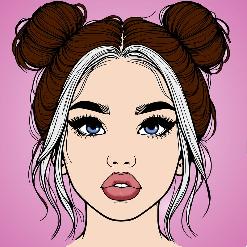 realistic girl with two buns on her hair and lips