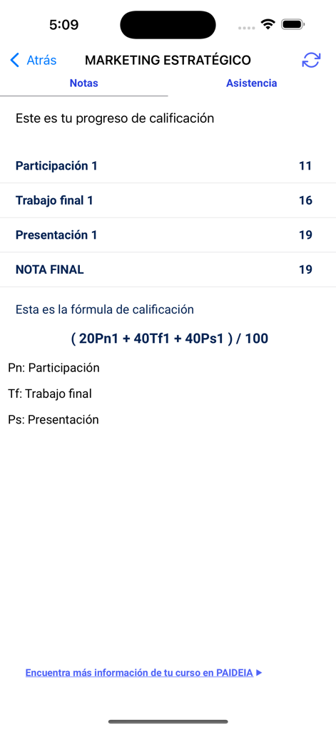 PUCP Móvil - Pantalla móvil de la aplicación PUCP Movil que muestra las calificaciones de los estudiantes y una fórmula de cálculo para un curso de Marketing.