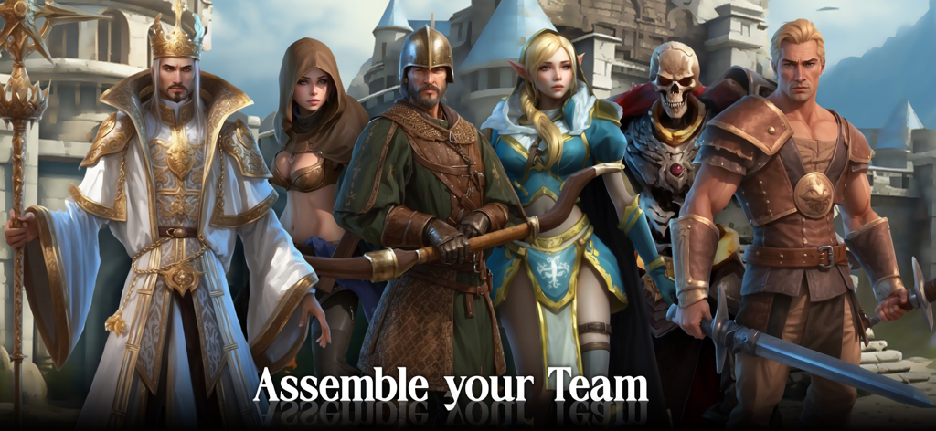 Arcane Heroes: Warbound - A group of diverse fantasy heroes standing together with the text Assemble your Team