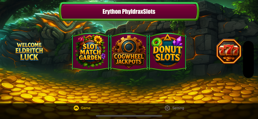 Main menu of Xaldrith Phydal Slots showing the Slot Match Garden, Cogwheel Jackpots, and Donut Slots game modes.
