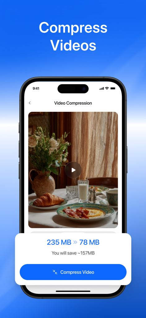 Clean Up Storage · - iPhone app screen showing video compression feature reducing a 235 MB file to 78 MB to save storage space