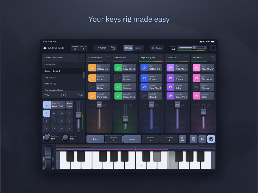 Sunday Keys - Sunday Keys app interface on iPad showing sound patches and a virtual piano keyboard for live performance