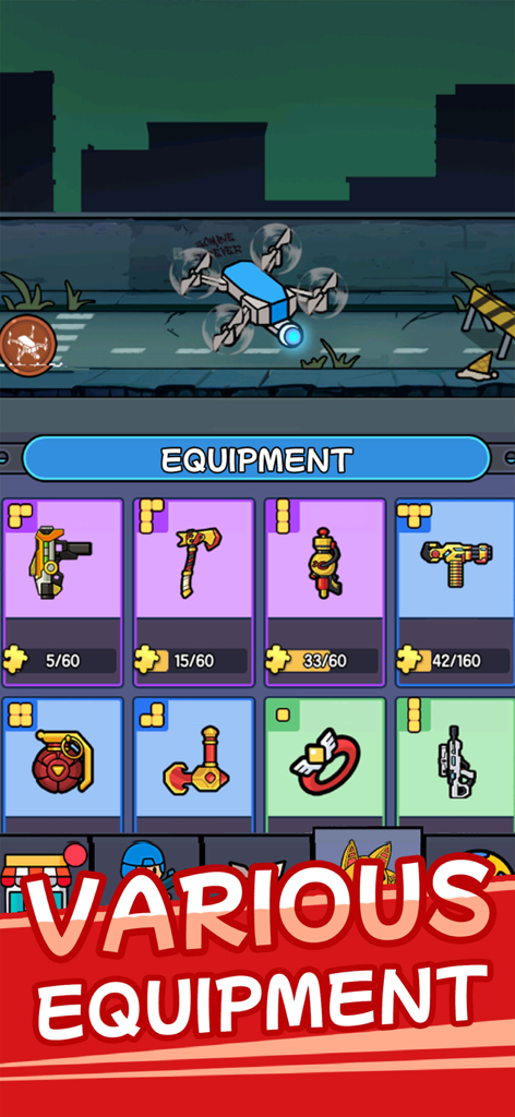 Bag Merge : Zombie Battle - Mobile game screen showing a collection of weapons and gear in Bag Merge Zombie Battle