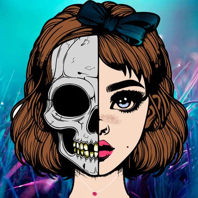 realistic girl with half skull mask
