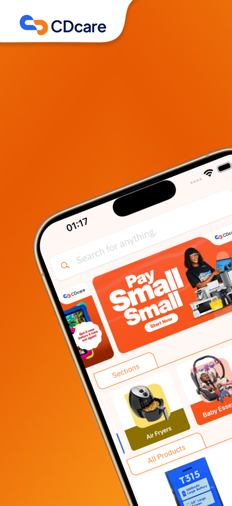 A smartphone displaying the CDcare app home screen with a Pay Small Small promotional banner and product categories.