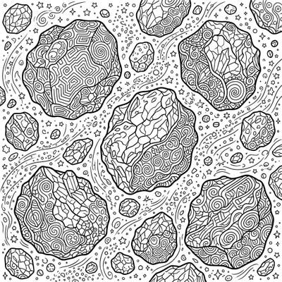 Dive into a universe of intricate patterns with this adult coloring page featuring detailed asteroids. Designed for mindfulness and stress relief, it offers a captivating cosmic escape.