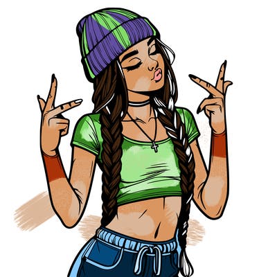 realistic teenage girl with braids and a beanie and crop top doing 🫶🏼