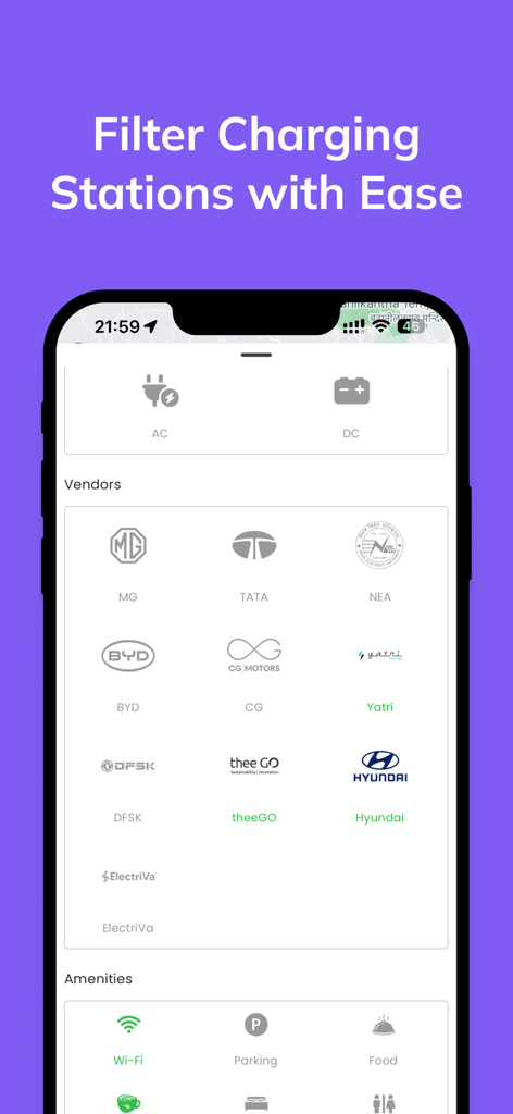 Charging Stations Nepal - Filter screen for EV charging stations in Nepal showing options for power type, vendors, and amenities.